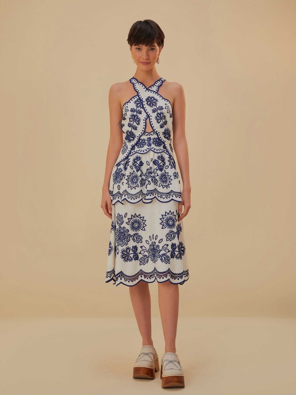 NWT FARM Rio White Midi Dress with Navy Blue Embroidered Floral Motif | Small